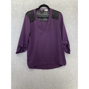 Express Women's Blouse Purple Black Lace V Neck Roll Tab Sleeve Size Medium